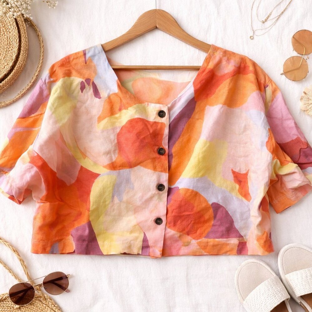 🎨 Linen Blend Abstract Print Button-Front Top | XXL | NWT